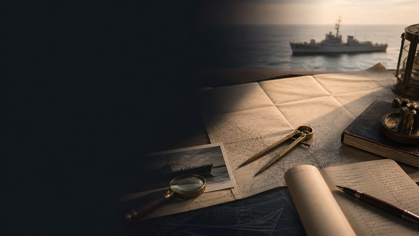 A plotting table with charts, a compass and a small ship at sea