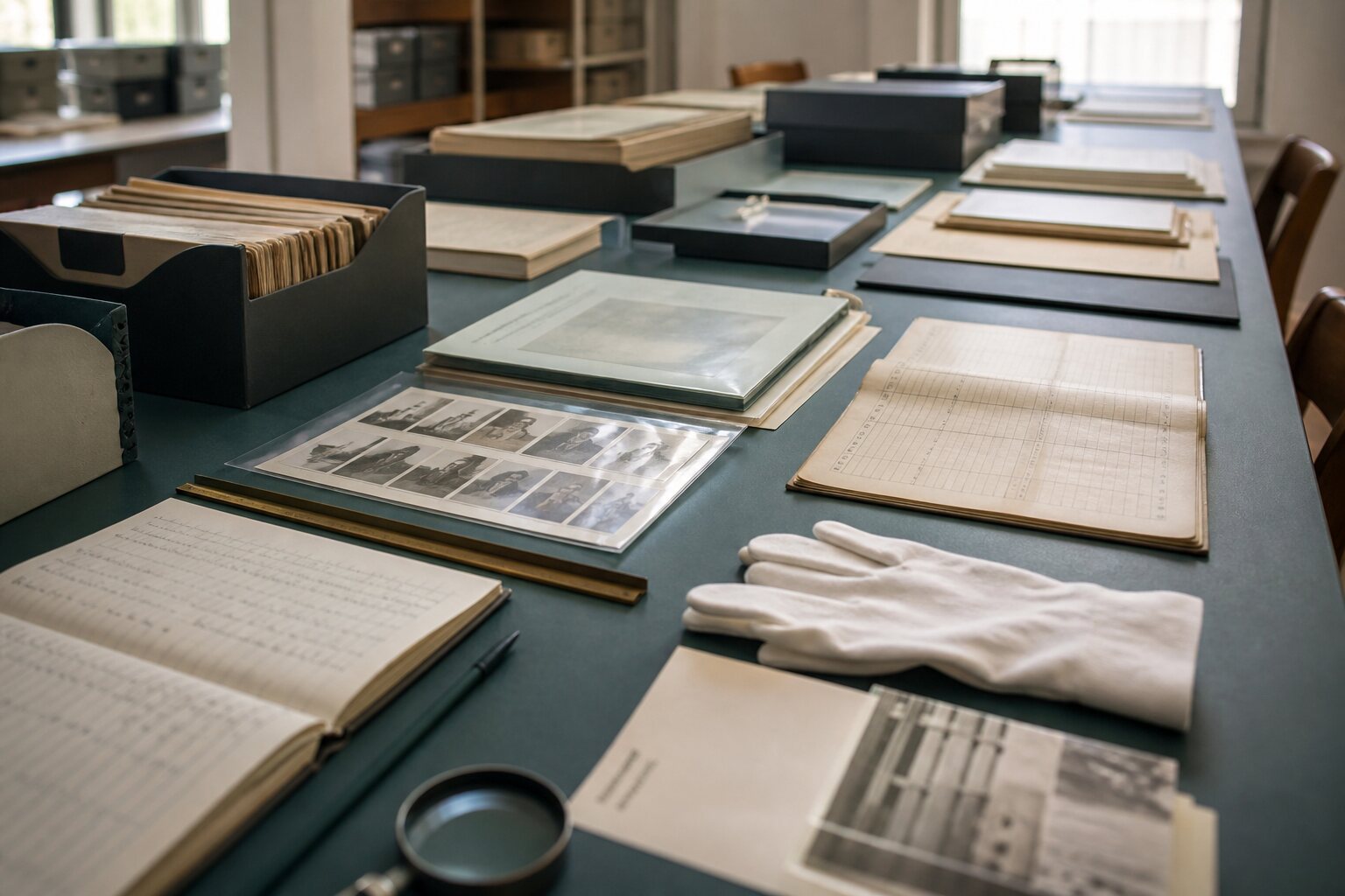 A long archive worktable with deck logs, photo sleeves and a brass ruler