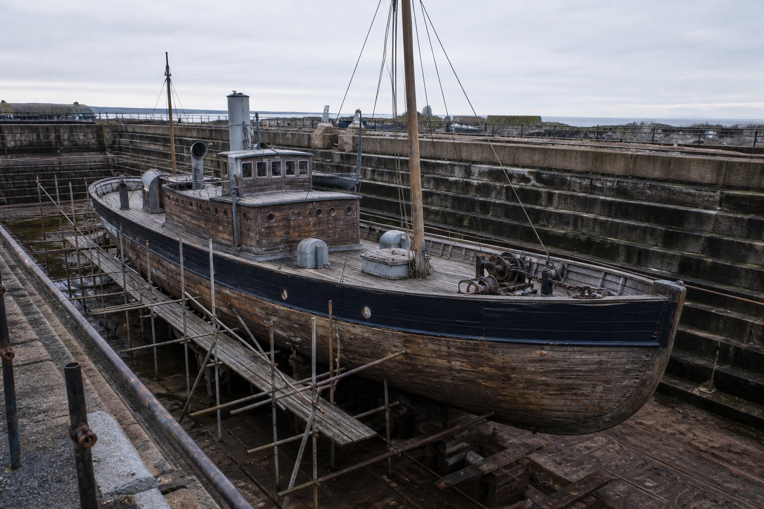 A small wooden minesweeper resting in a quiet dry dock